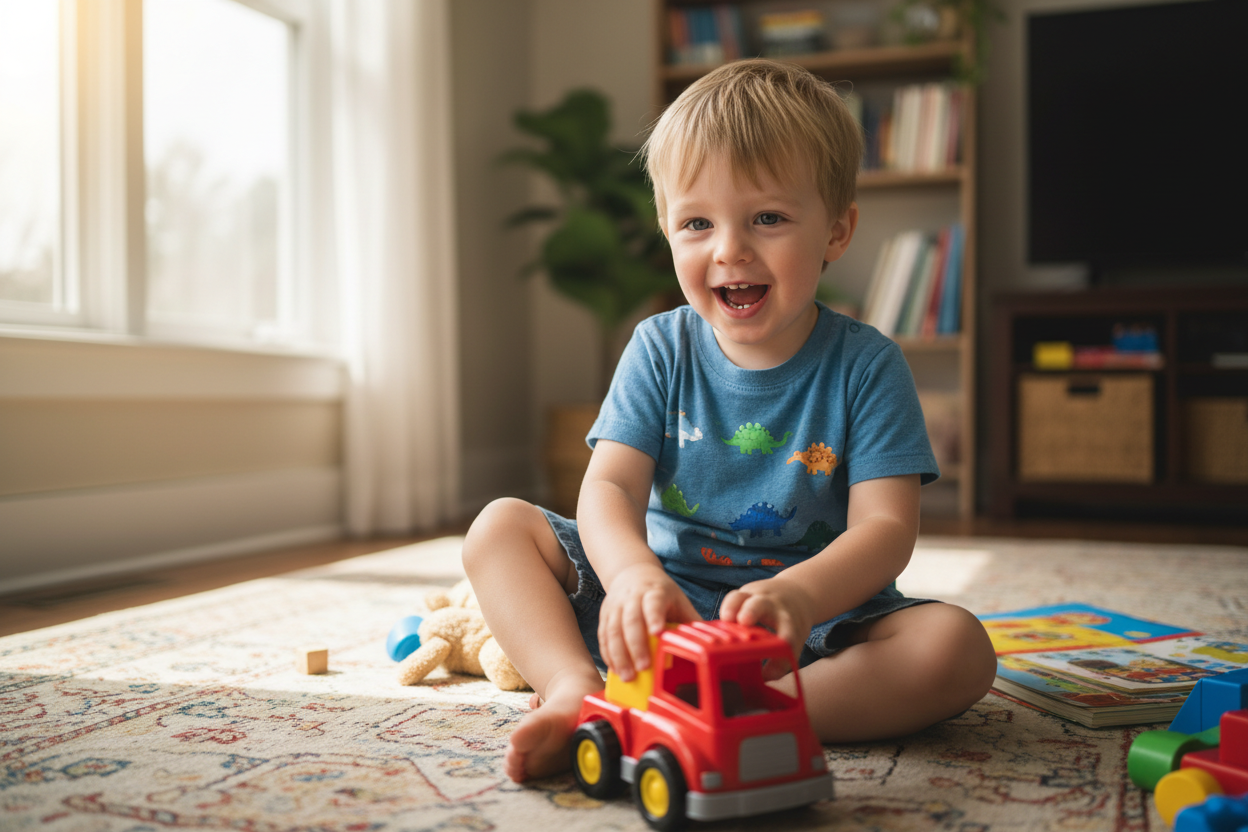 3 year old boy playing with a toy on the ground