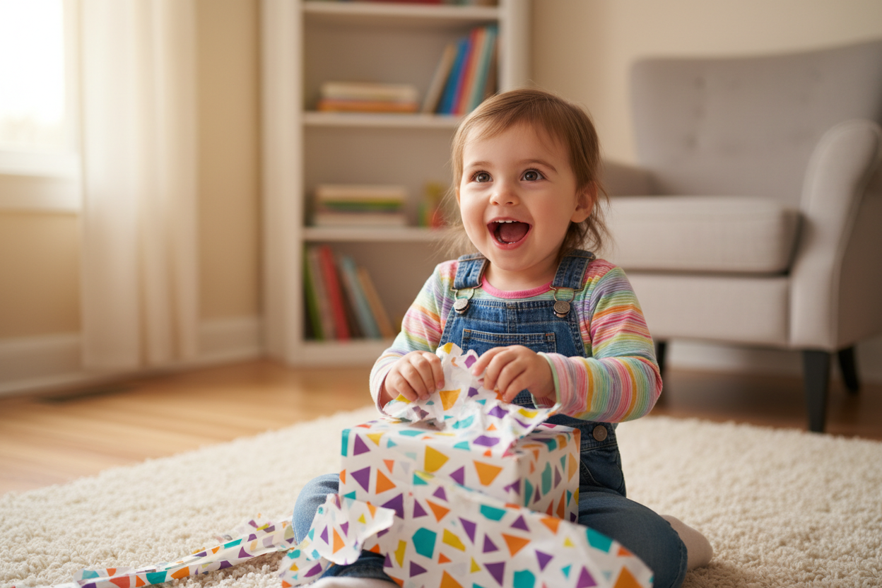 3 year old girl excited to open a toy gift